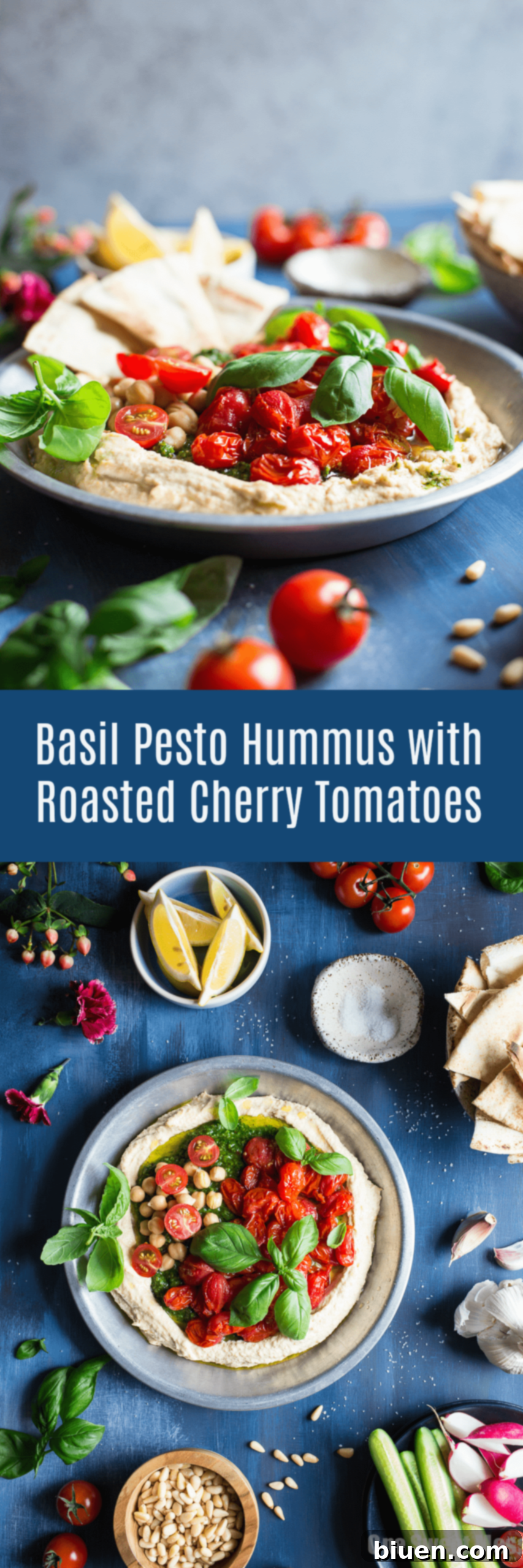 Sun-Kissed Pesto Hummus with Burst Tomatoes 8 Basil Pesto Hummus with Roasted Cherry Tomatoes