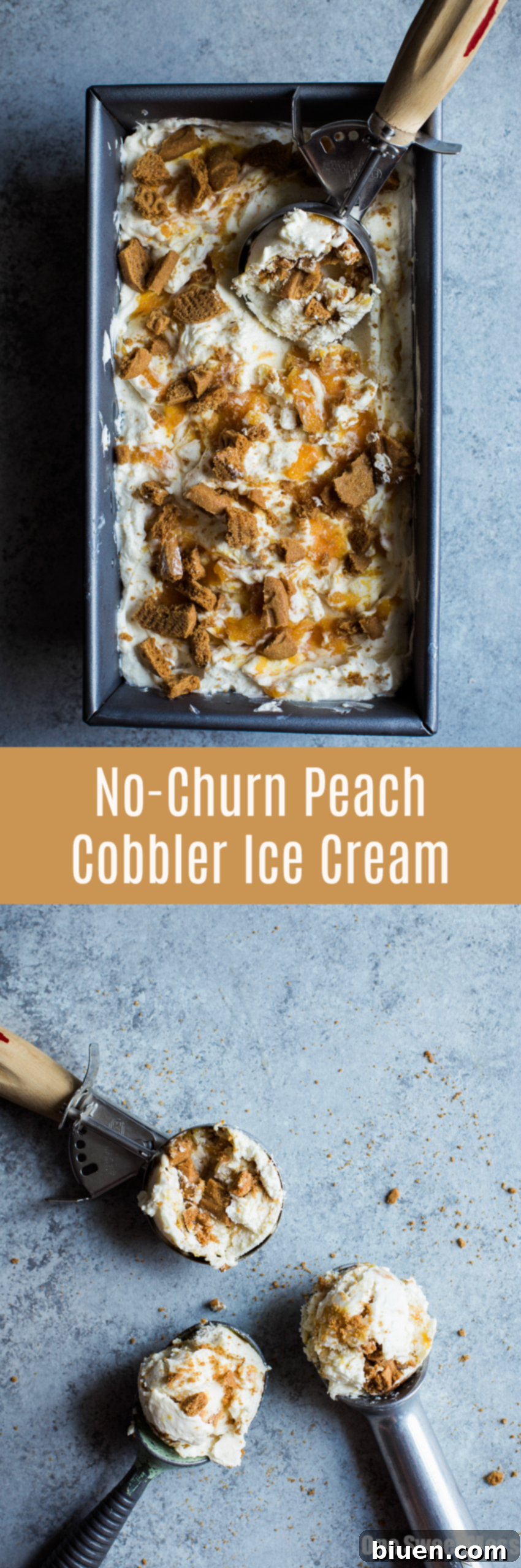 No-Churn Peach Cobbler Ice Cream: Layers of creamy vanilla ice cream, homemade peach bourbon compote, and crunchy biscoff cookies. No ice cream machine required for this easy summer treat!
