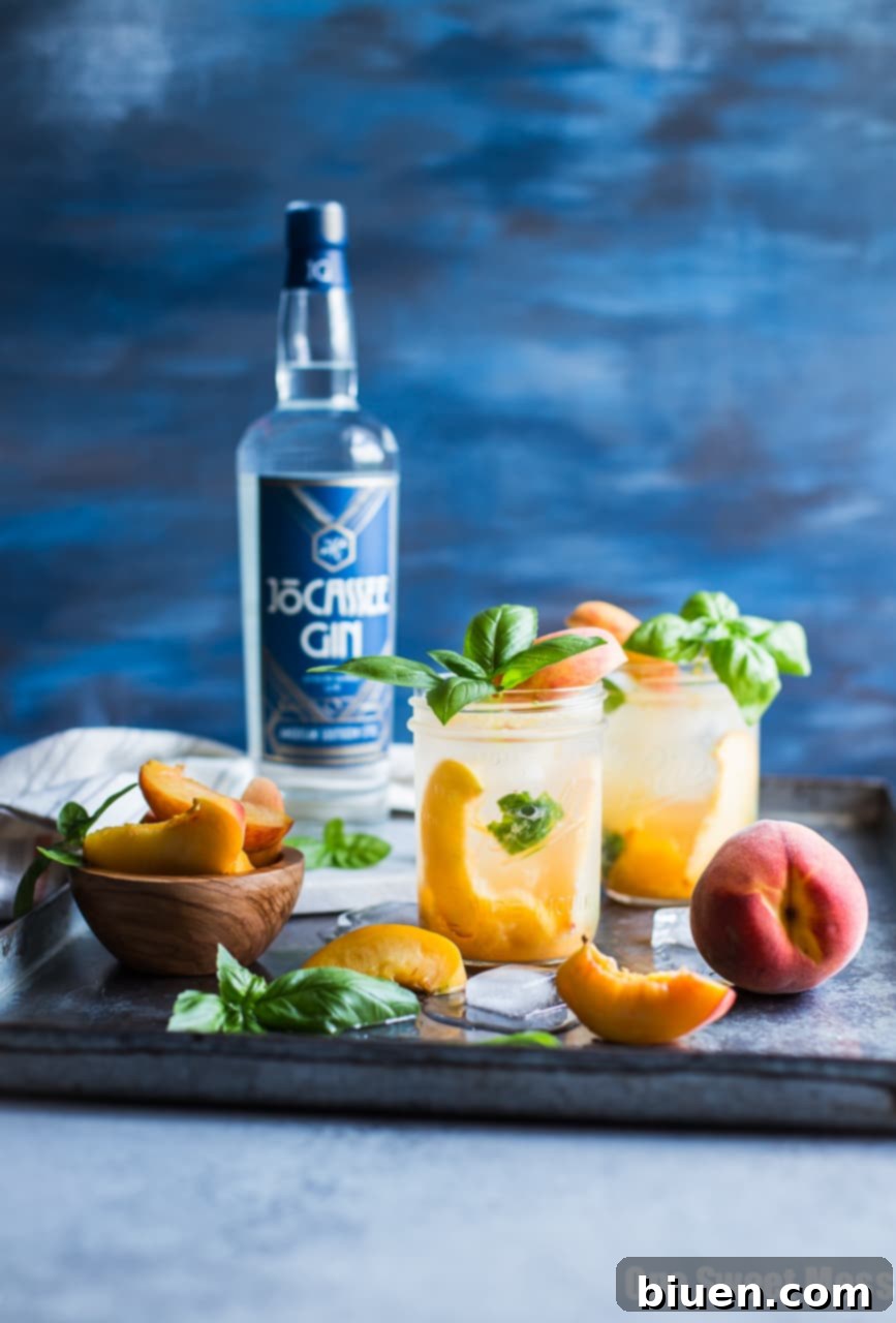 Peach Basil Gin Fizz Cocktail