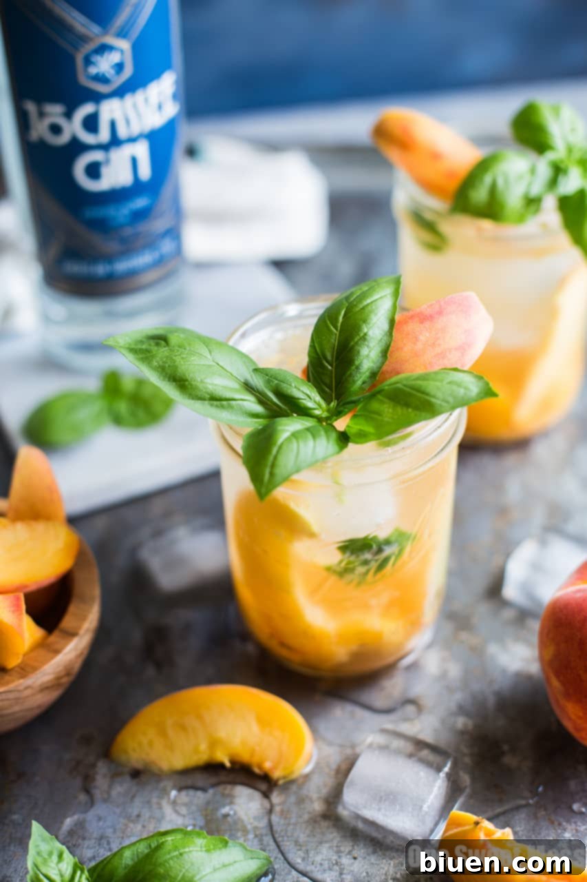 Peach Basil Gin Fizz Cocktail