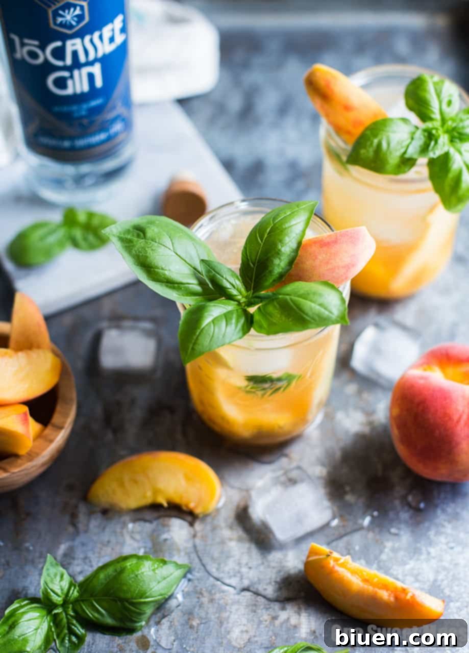 Peach Basil Gin Fizz Cocktail
