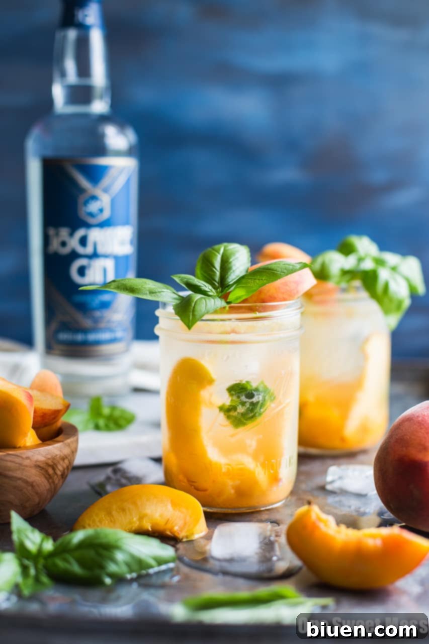 Peach Basil Gin Fizz Cocktail
