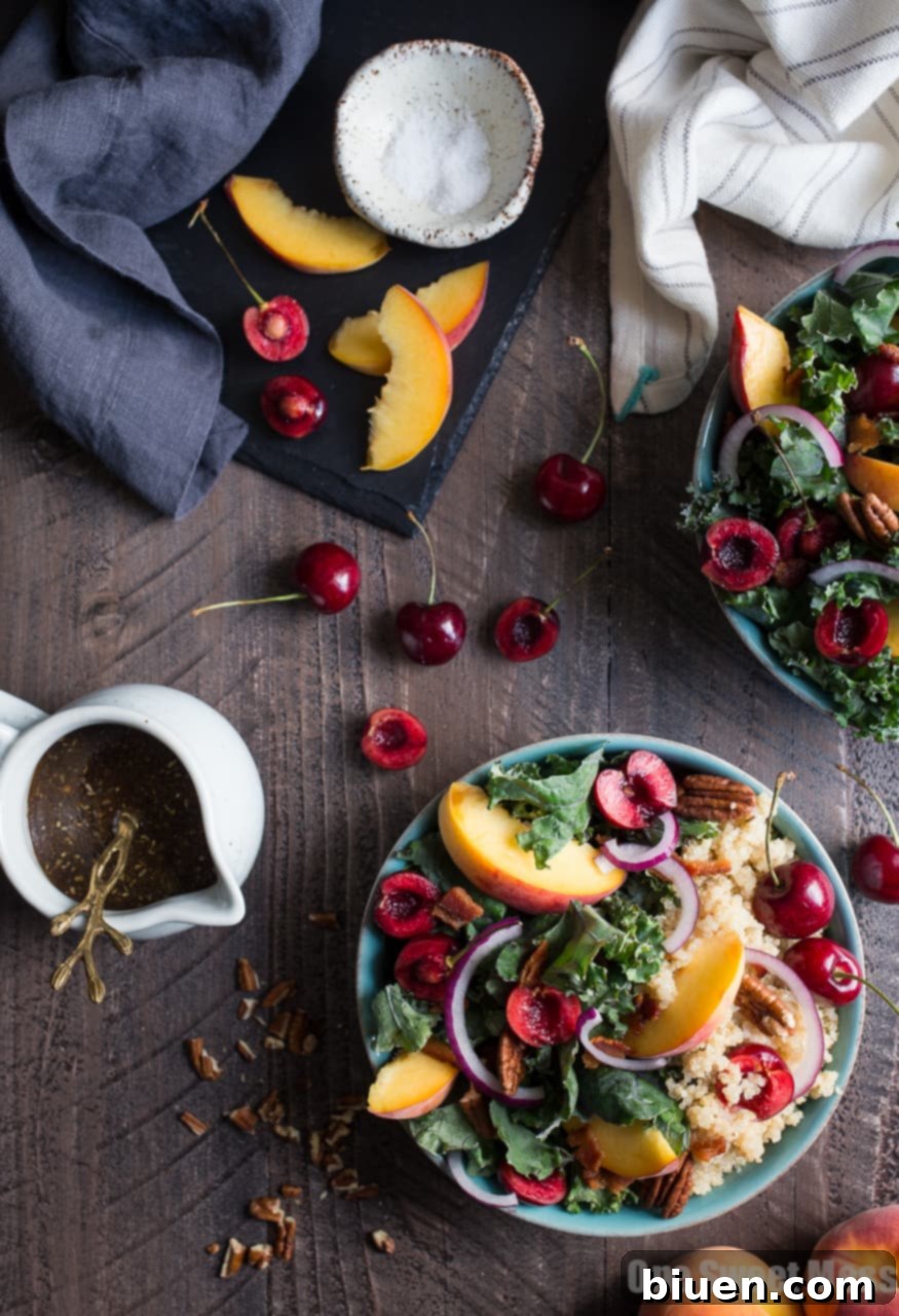 Summer Stone Fruit Kale and Quinoa Salad with Maple Balsamic Vinaigrette (Gluten-Free)