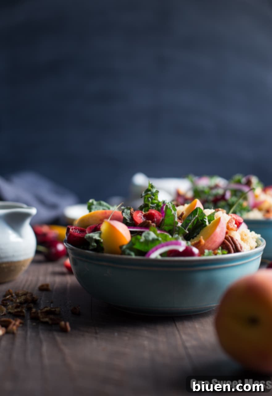 Summer Stone Fruit Kale and Quinoa Salad with Maple Balsamic Vinaigrette (Gluten-Free)