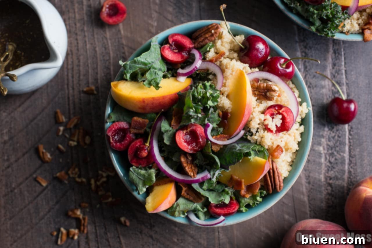 Summer Stone Fruit Kale and Quinoa Salad with Maple Balsamic Vinaigrette (Gluten-Free)