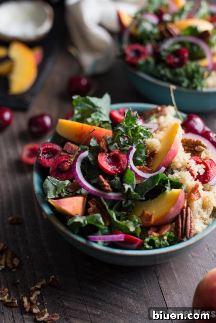 Summer Stone Fruit Kale and Quinoa Salad with Maple Balsamic Vinaigrette (Gluten-Free)