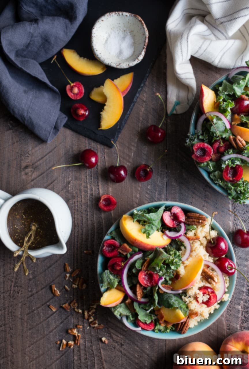 Summer Stone Fruit Kale and Quinoa Salad with Maple Balsamic Vinaigrette (Gluten-Free)