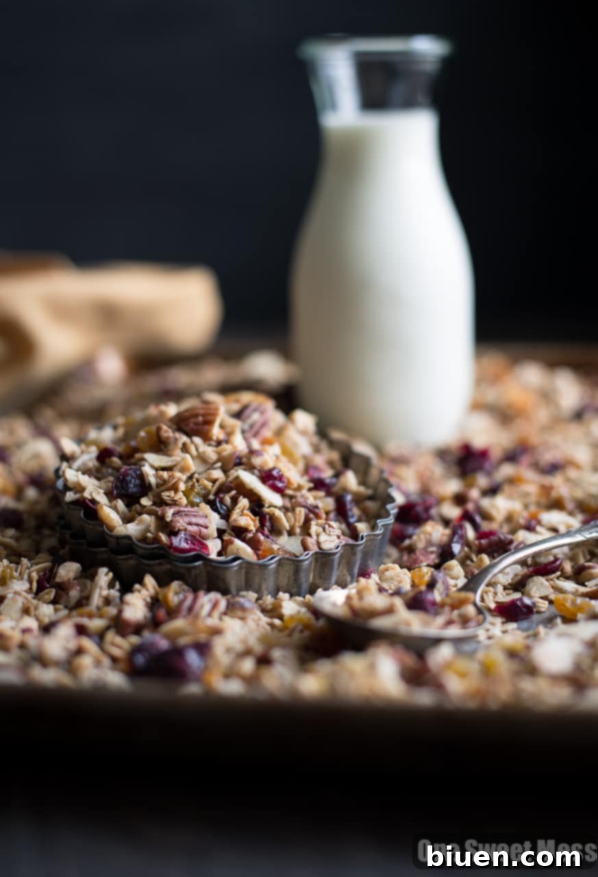 Bowl of Chai Spiced Granola with milk, fresh berries, and a spoon