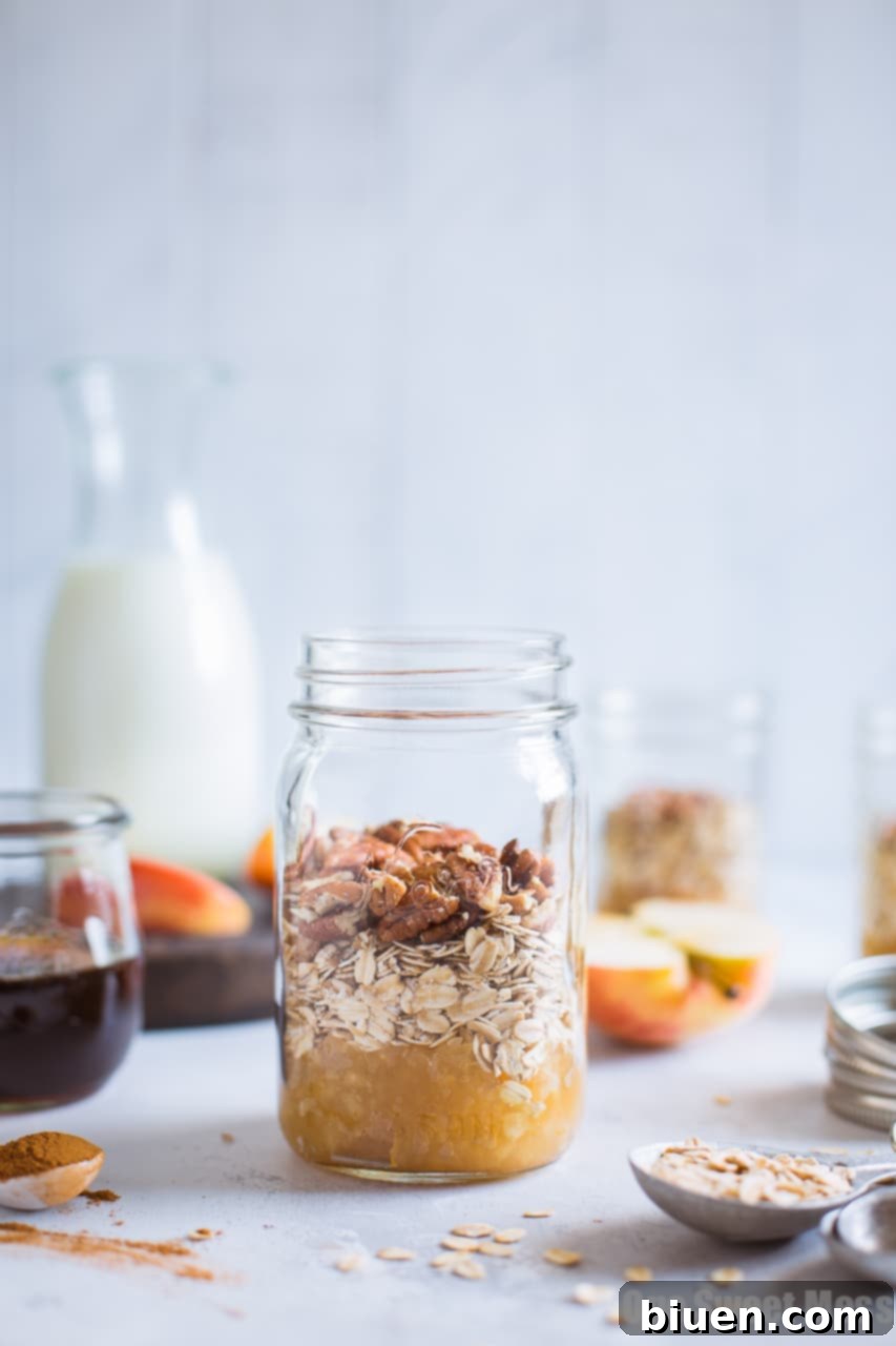 Assembled Apple Pie Overnight Oatmeal in a Jar, Ready for the Fridge