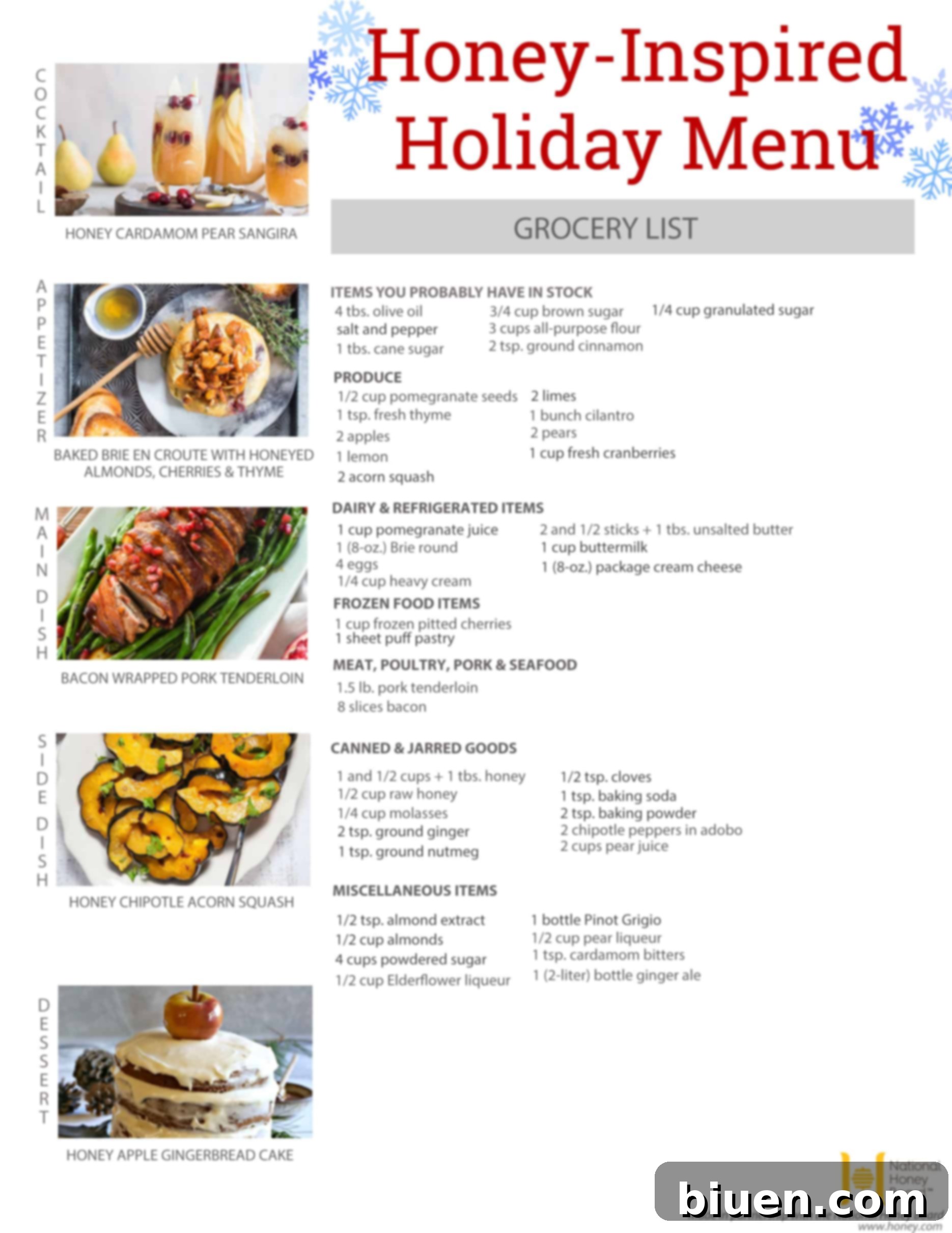 Printable Honey-Inspired Holiday Menu and Grocery List