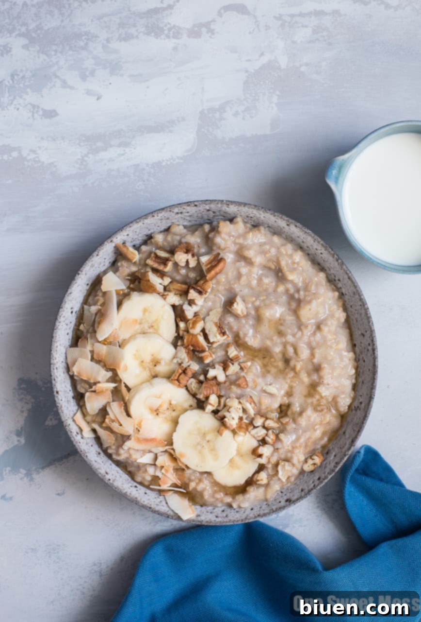 Close-up view of a bowl of creamy Banana Bread Steel Cut Oatmeal, showcasing its hearty texture and wholesome ingredients, perfect for a plant-based diet.