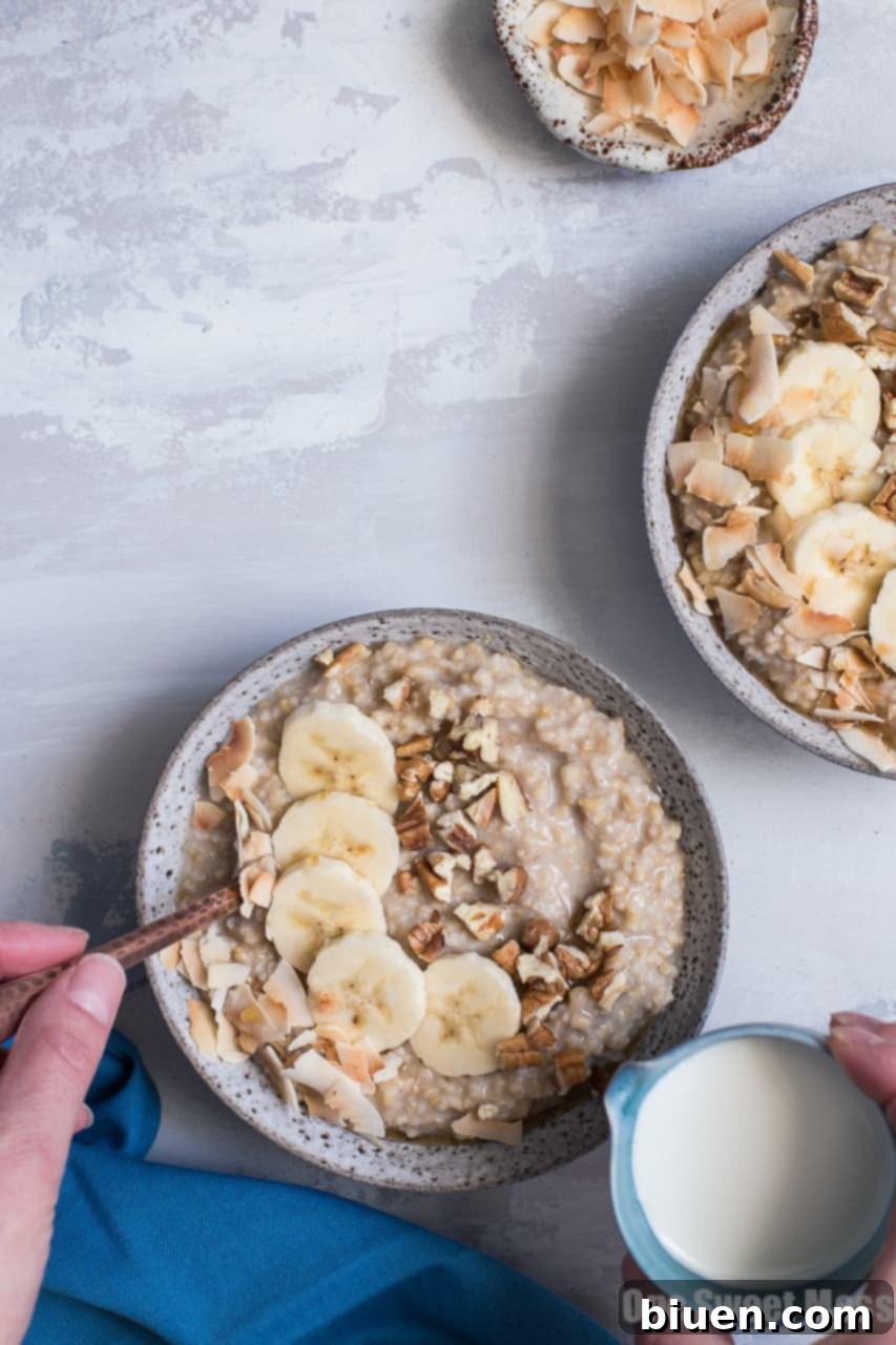 Rustic bowl filled with Banana Bread Steel Cut Oatmeal, garnished with a sprinkle of cinnamon and a fresh banana slice, emphasizing homemade goodness.