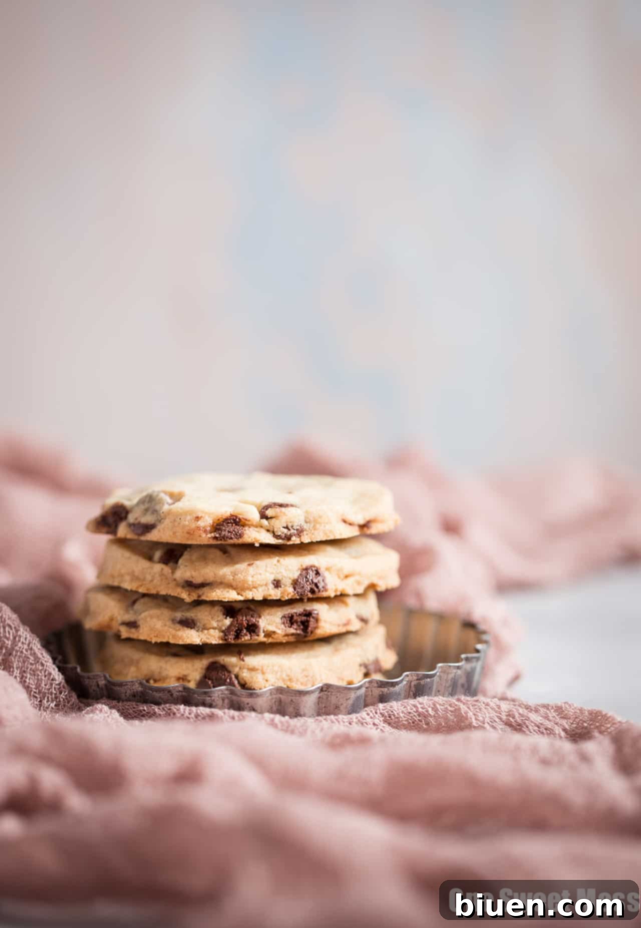 Gluten-Free Chocolate Chip Shortbread Indulgence 3 Close-up of a stack of golden-brown Gluten-Free Chocolate Chip Shortbread Cookies with visible chocolate chips.