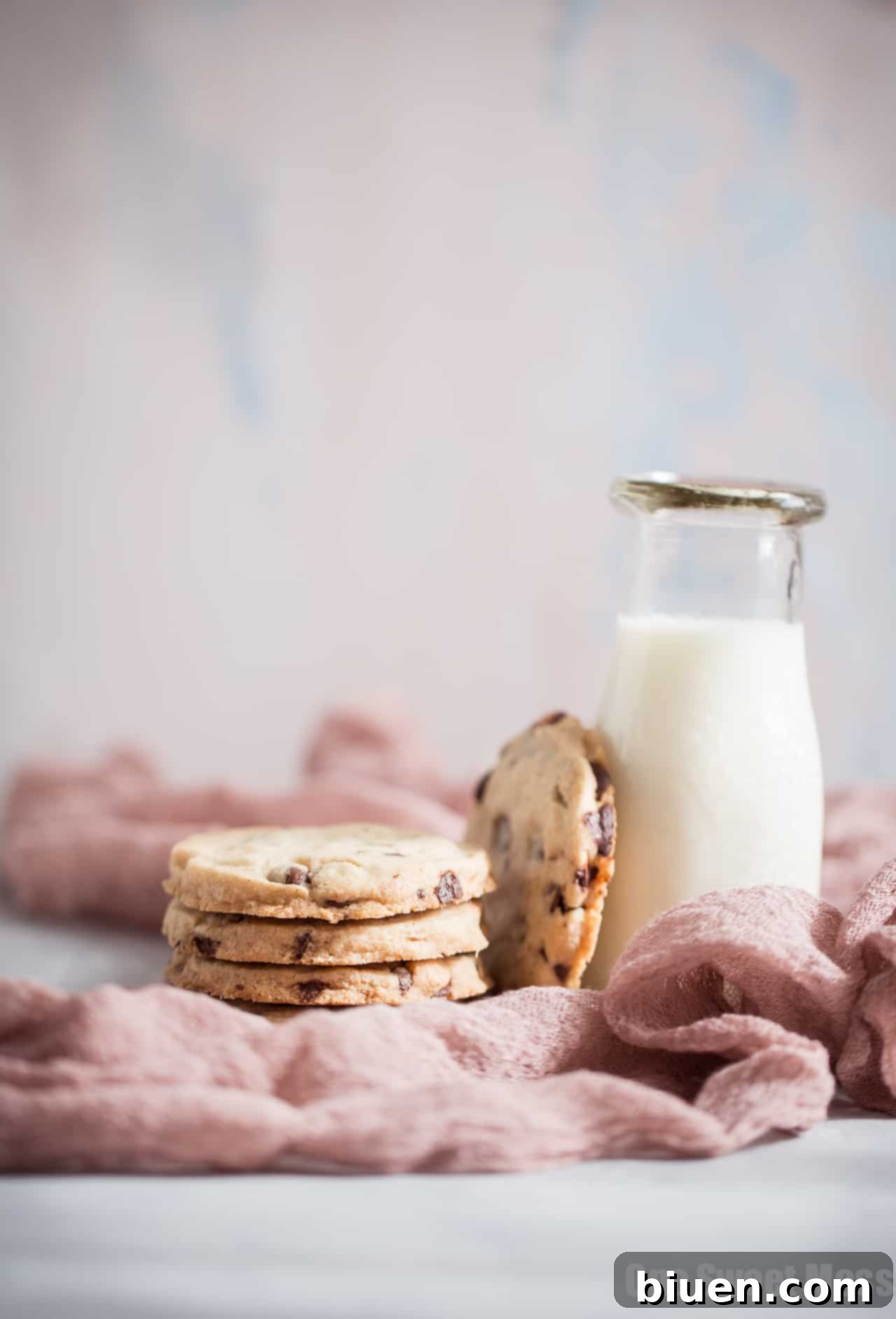 Gluten-Free Chocolate Chip Shortbread Indulgence 4 Freshly baked Gluten-Free Chocolate Chip Shortbread Cookies cooling on a wire rack.