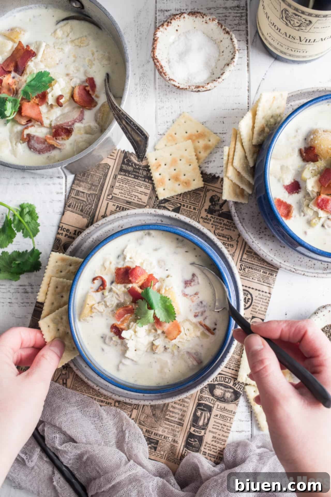 New England Clam Chowder: This creamy, gluten-free recipe features rich flavors and a hearty texture, perfect for a cold day.