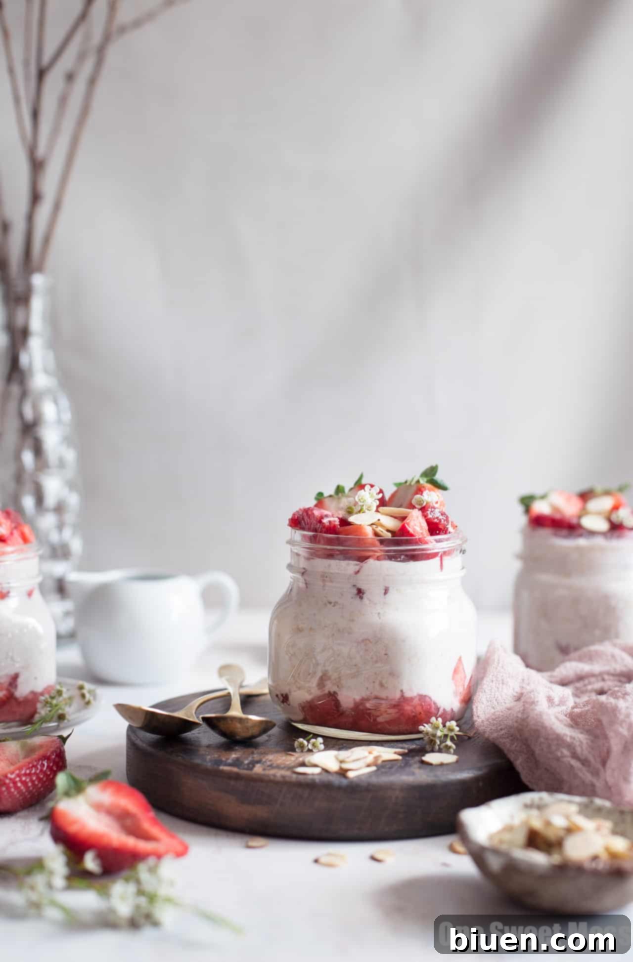 Delicious Strawberries and Cream Overnight Oatmeal in a jar, perfect for a gluten-free and vegan breakfast