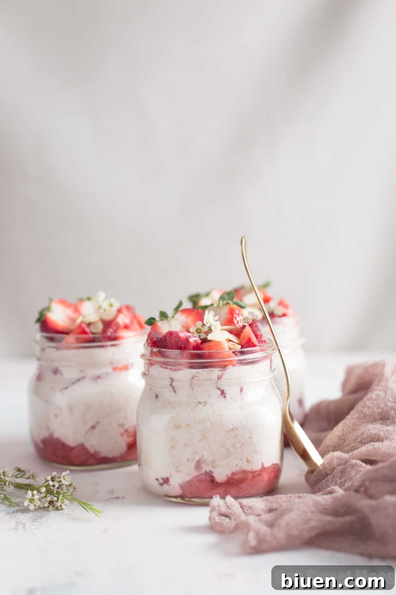 Close-up of creamy Strawberries and Cream Overnight Oatmeal with fresh berries