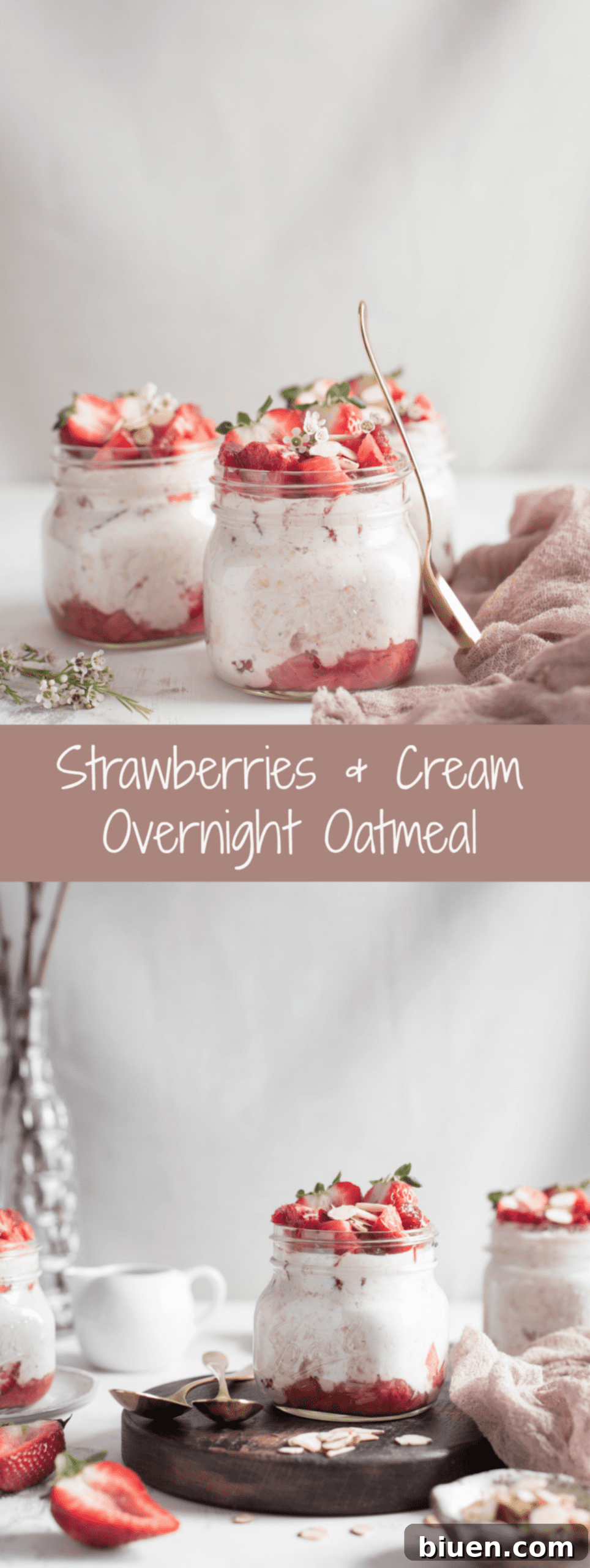 Pin this recipe: Strawberries and Cream Overnight Oatmeal, a healthy and delicious gluten-free breakfast idea