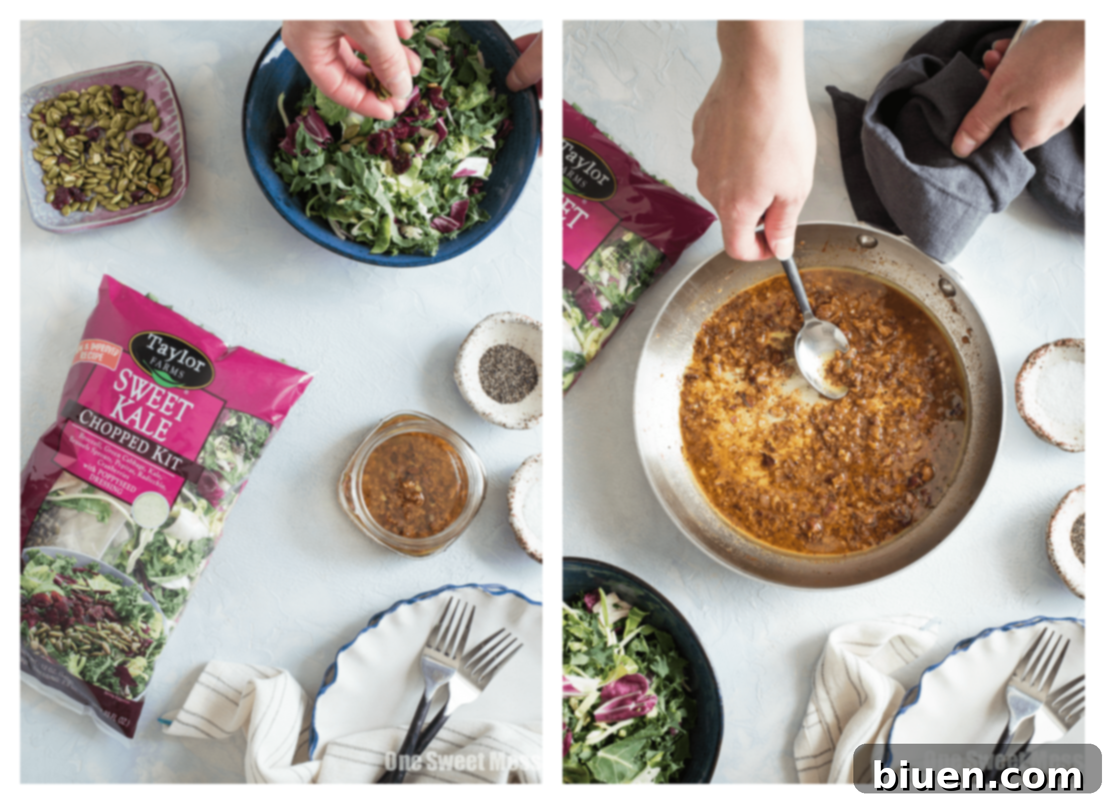 Close-up of fresh kale and other salad kit ingredients