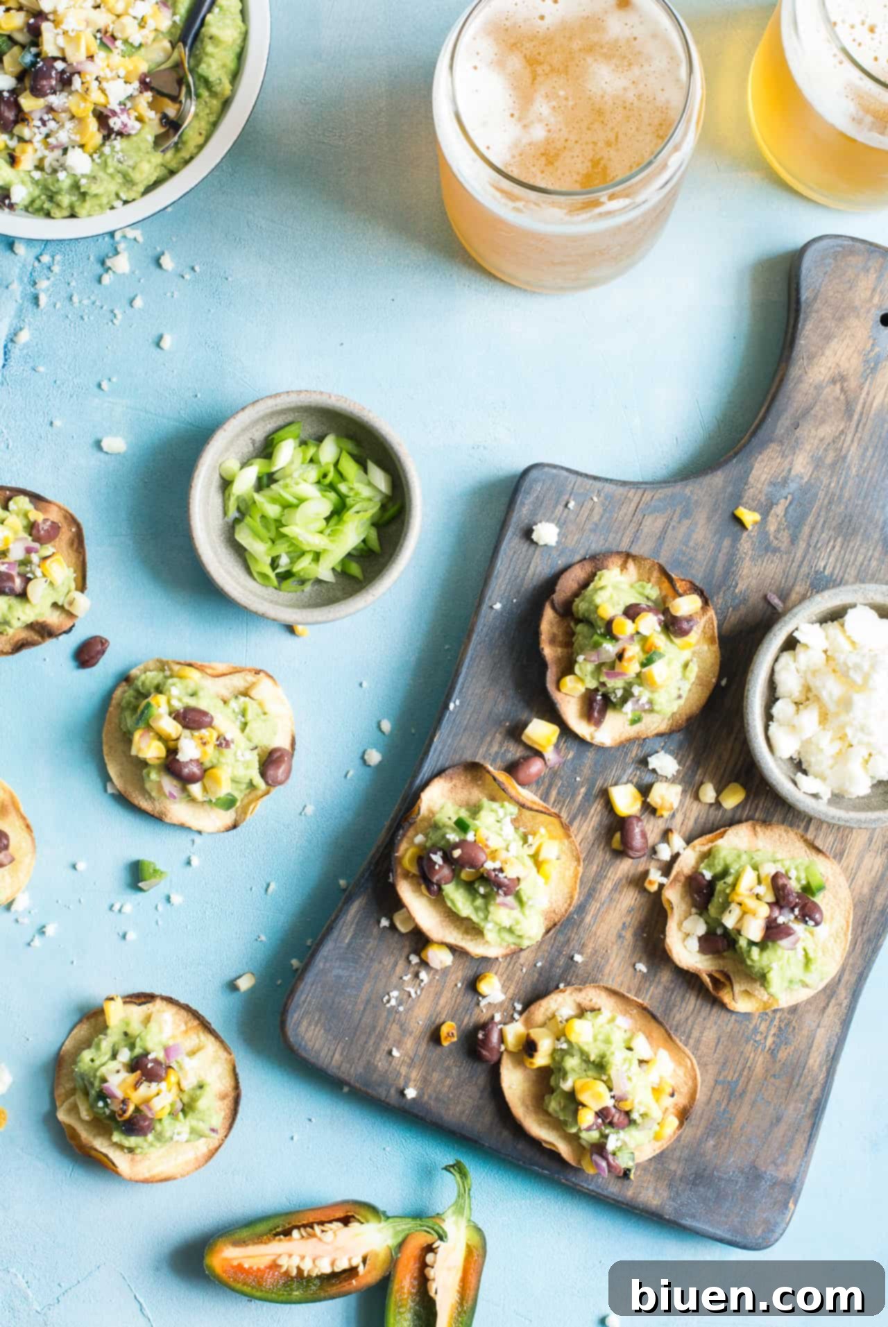 Grilled Corn Salsa & Guacamole Tostadas: This crispy bite-sized appetizer is perfect for football season. They're gluten-free and healthy with a vegan option. 