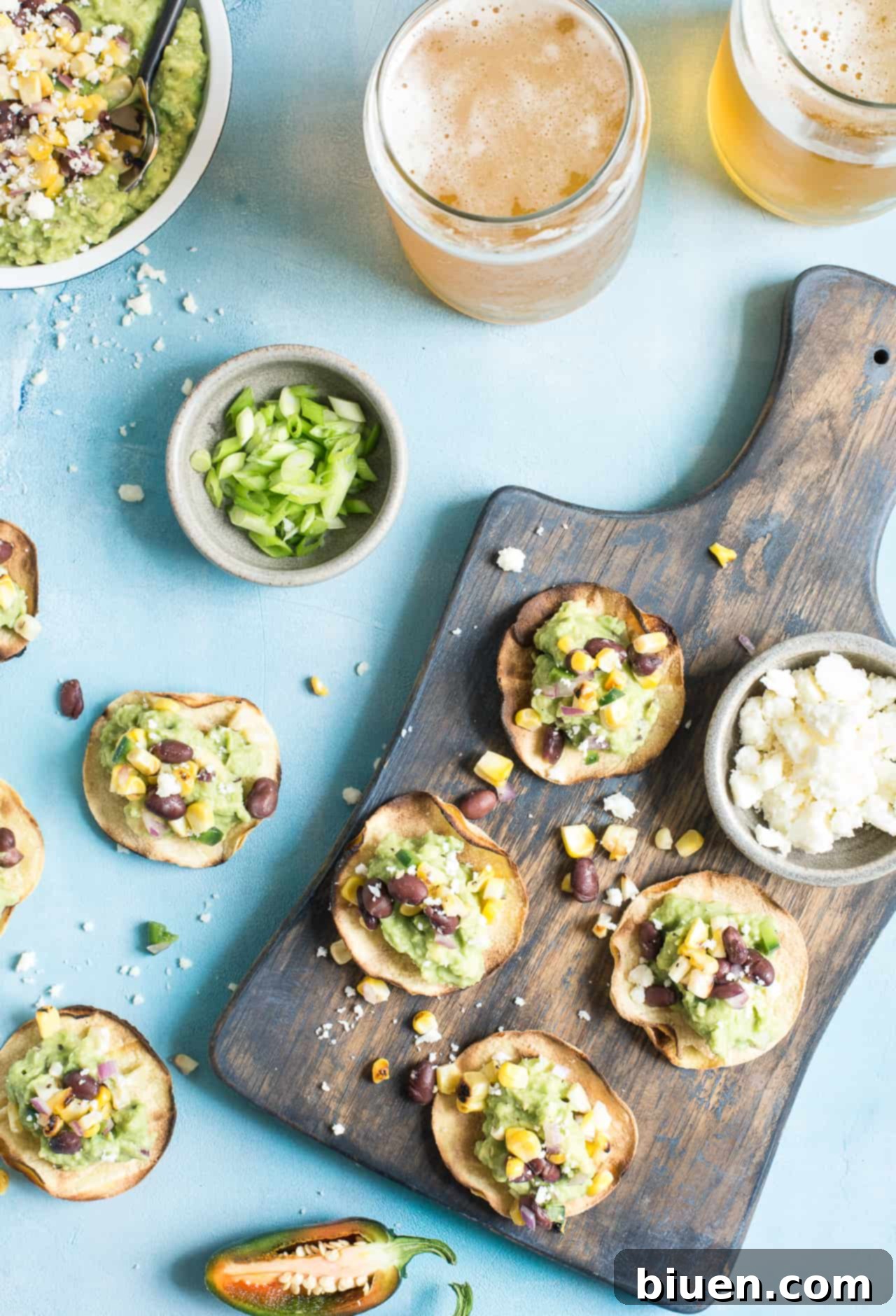 Grilled Corn Salsa & Guacamole Tostadas: This crispy bite-sized appetizer is perfect for football season. They're gluten-free and healthy with a vegan option. 