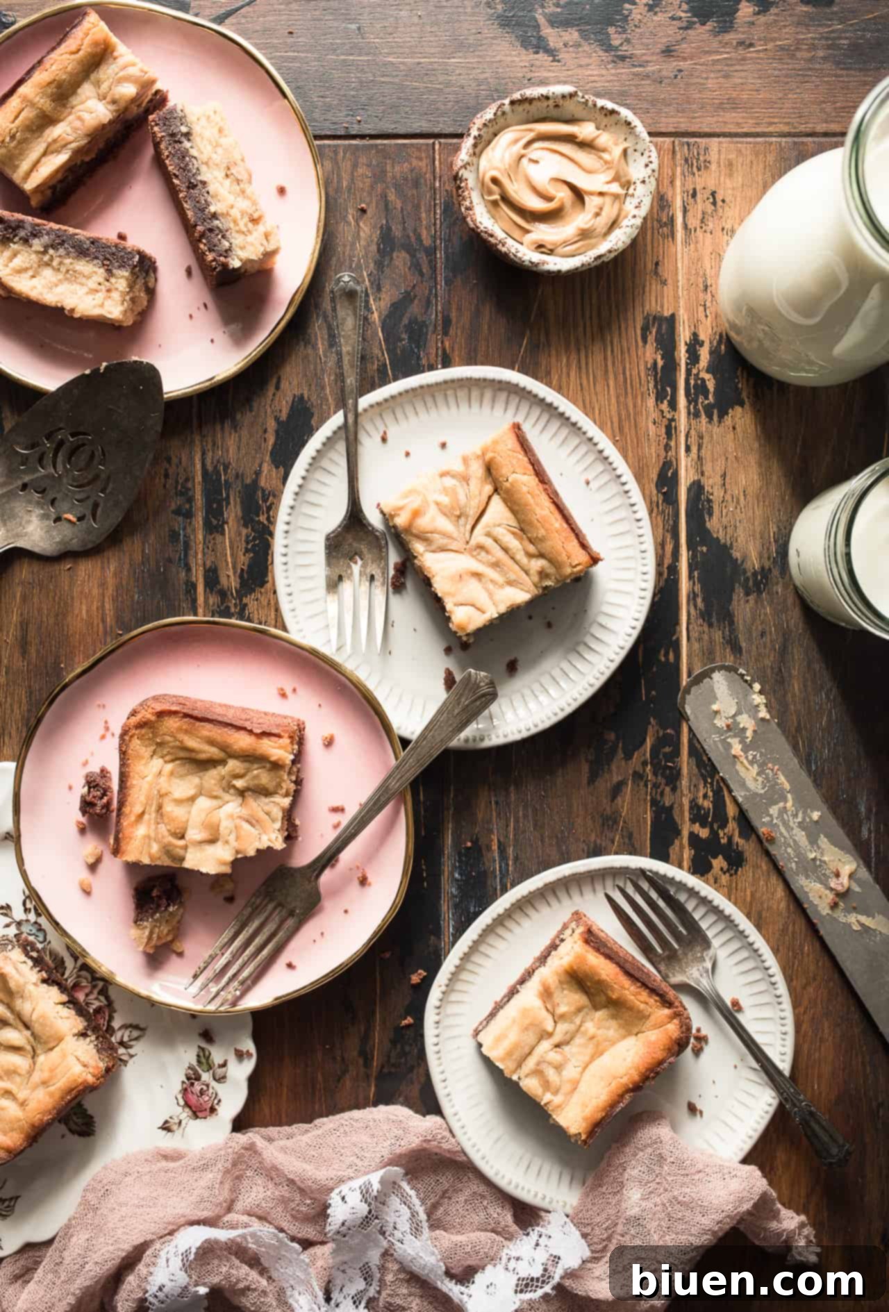 Overhead shot of freshly baked Gluten-Free Peanut Butter Cheesecake Brownies