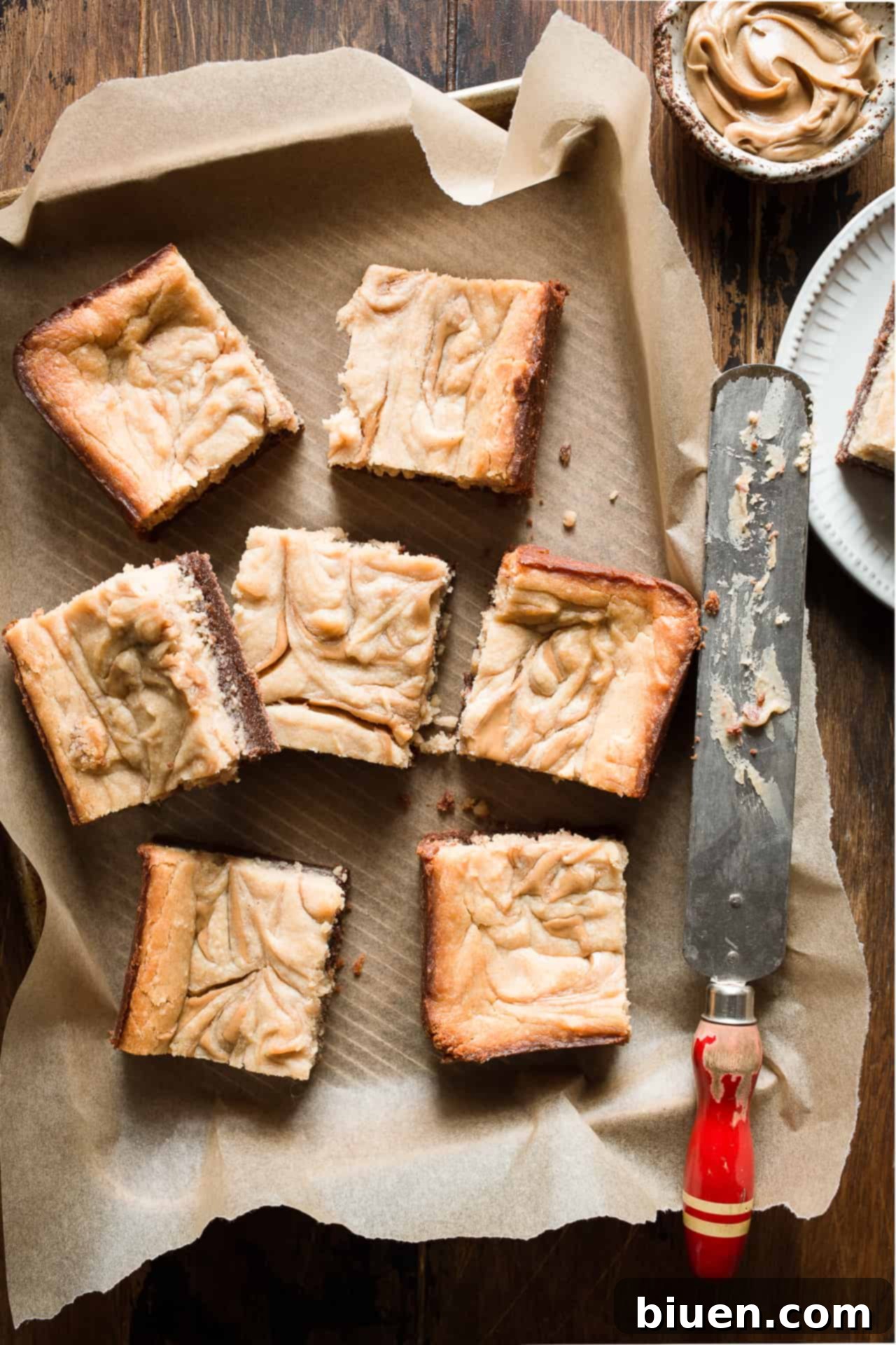 A tray of freshly baked Gluten-Free Peanut Butter Cheesecake Brownies