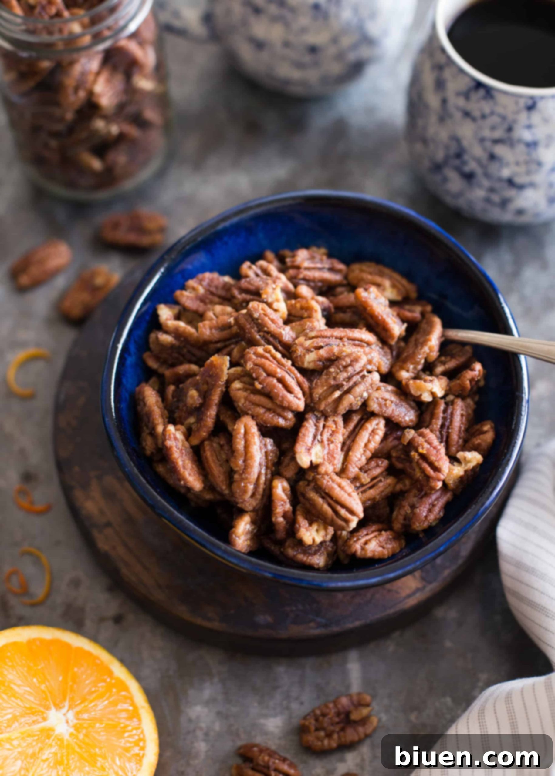 Maple-Orange Glazed Pecans 2 Maple-Orange Roasted Pecans: A naturally sweetened, gluten-free snack bursting with the vibrant flavors of maple and orange, perfect for healthy indulgence.