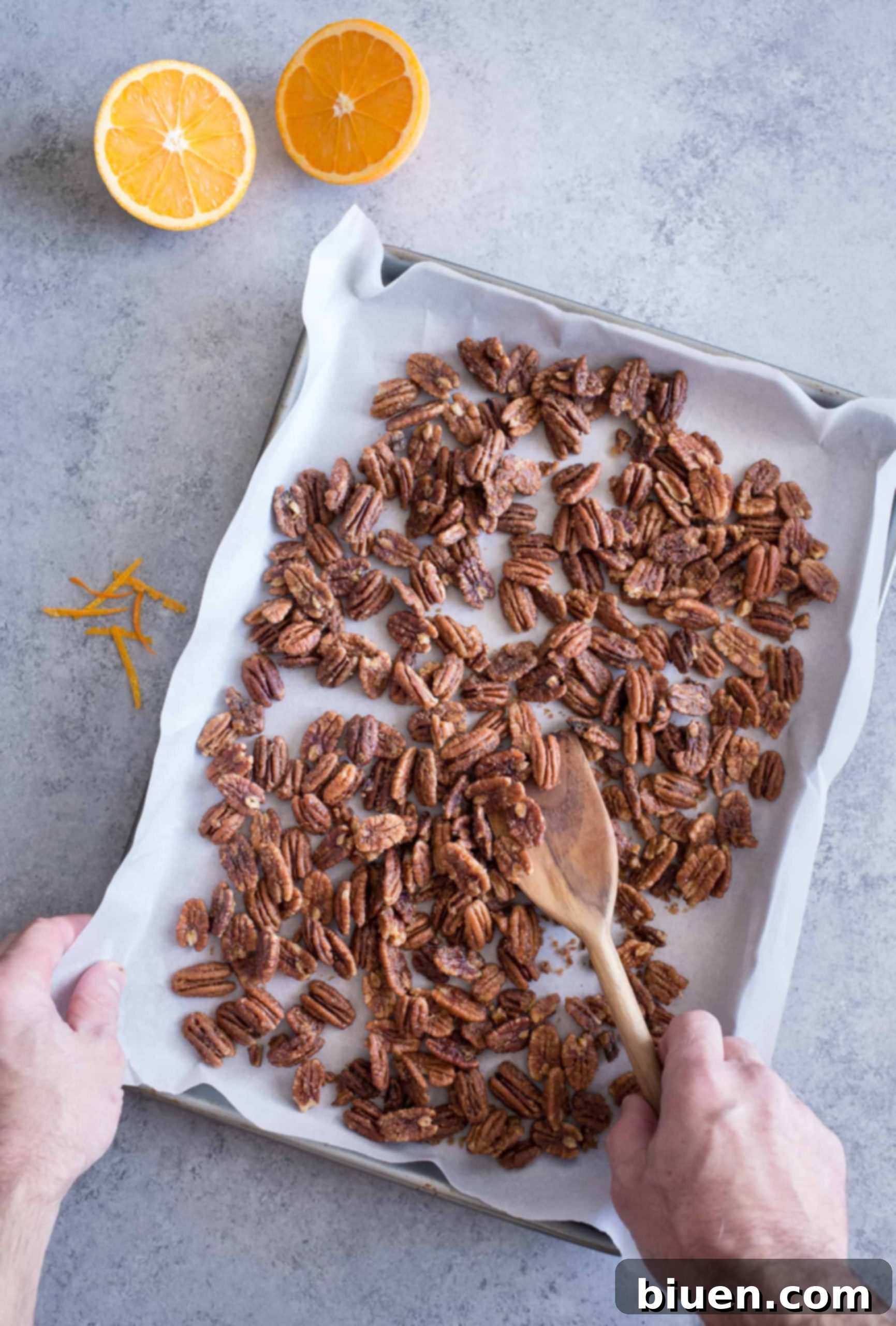 Maple-Orange Glazed Pecans 3 Close-up of golden, perfectly roasted Maple-Orange Pecans, showcasing their crispy texture and aromatic glaze.