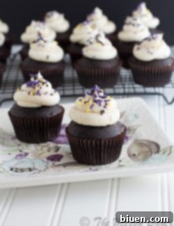 Dark Chocolate Bailey's Irish Cream Cupcakes ready to serve.
