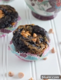 A plate of freshly baked Dark Chocolate Peanut Butter Swirl Banana Muffins, ready to be enjoyed