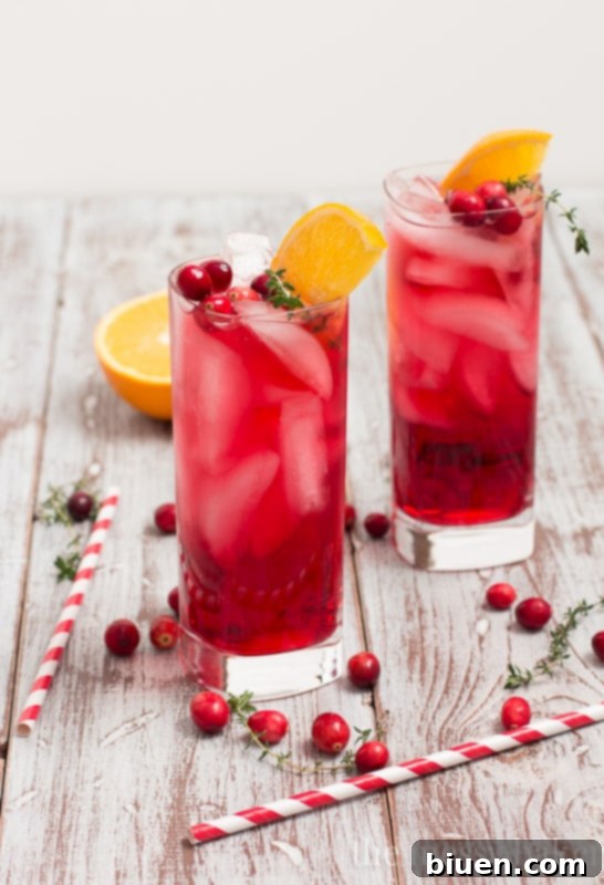 All ingredients for Cranberry-Orange Gin Fizz: gin, orange liqueur, cranberry juice, fresh thyme, oranges, and a shaker on a wooden surface.