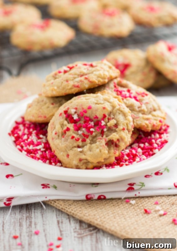 Close-up of several Cream Cheese Funfetti Cookies, inviting a bite.
