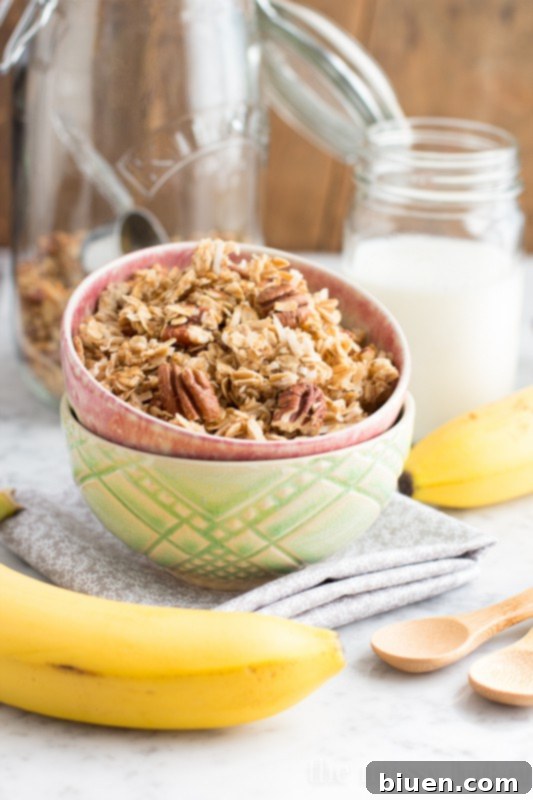Chunky Homemade Banana Maple Granola served in a bowl