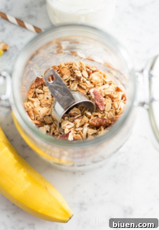 Close-up of golden brown banana maple granola clusters