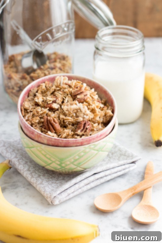 A baking sheet filled with golden brown banana maple granola