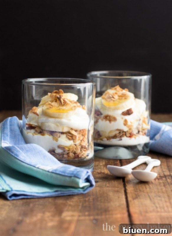 Banana Bread Parfaits: Layers of Banana Maple Granola, Greek Yogurt, and Fresh Bananas