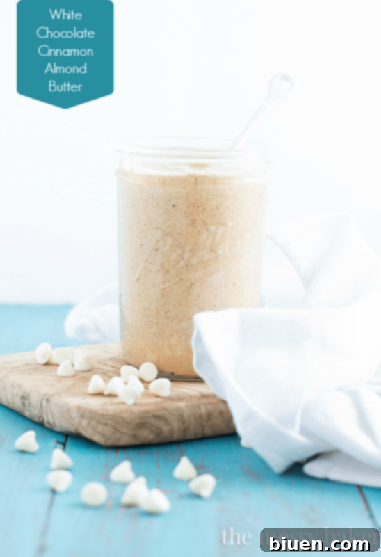 Rich homemade white chocolate cinnamon almond butter, perfect for spreading and dipping. Learn how to make this delightful treat at home.