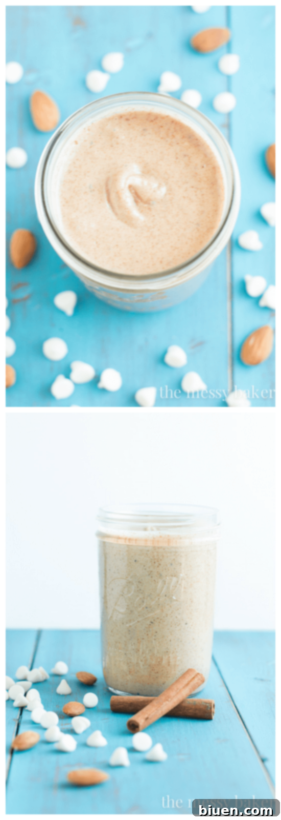 Close-up of the smooth, creamy texture of homemade almond butter in a jar. Discover how easy it is to make your own nut butter.