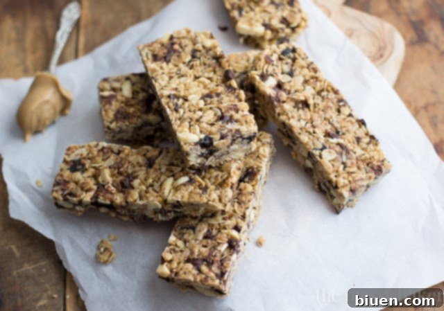Gluten Free Chocolate Chip Peanut Butter Granola Bars 6 A wider shot of the chocolate chip peanut butter granola bars, showcasing their wholesome ingredients and appealing texture.