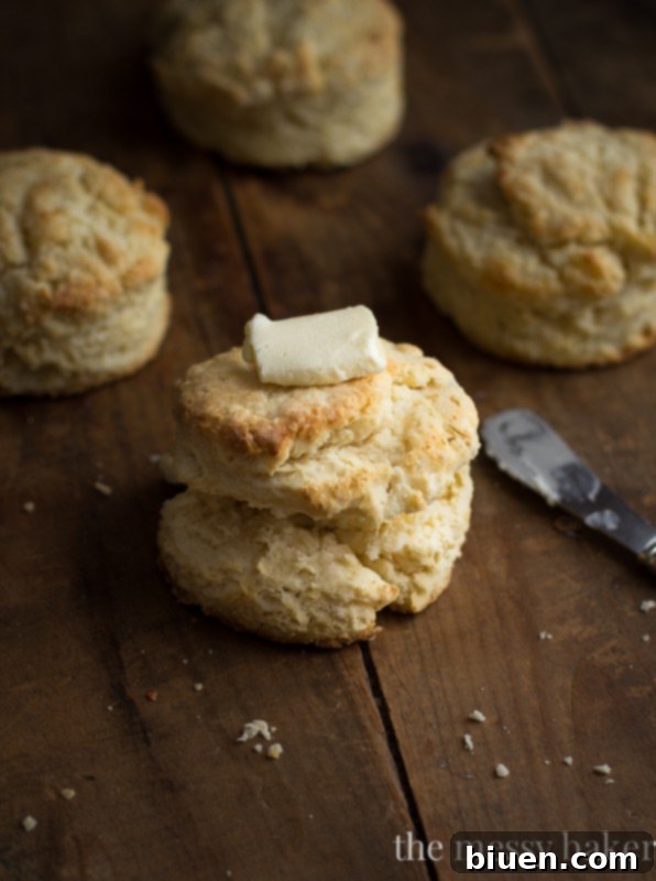 Two magnificent mile-high buttermilk biscuits on a white plate