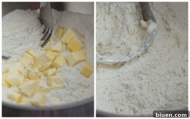 Cutting cold butter into dry biscuit ingredients with a pastry cutter
