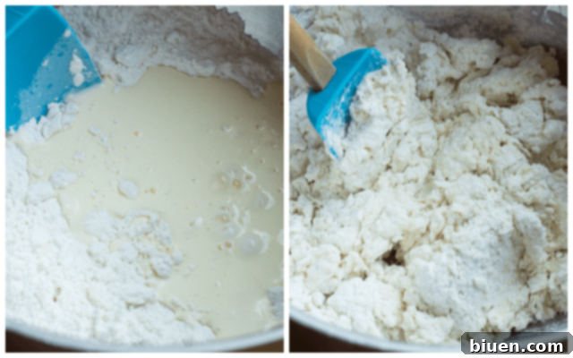 Adding buttermilk and egg mixture to dry ingredients for biscuit dough