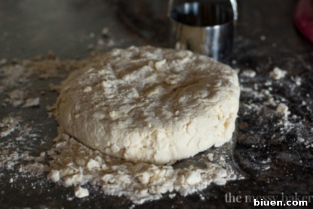 Transferring biscuit dough to a lightly floured surface to form a disk