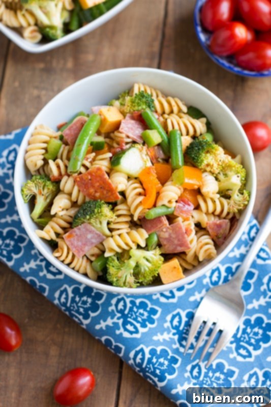 Overhead view of a generous serving of homemade Summer Pasta Salad