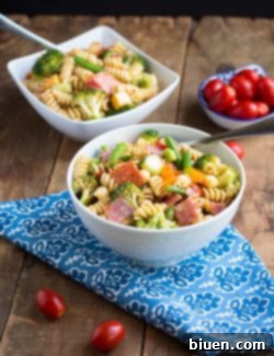 Finished Summer Pasta Salad with rotini pasta, vegetables, and dressing