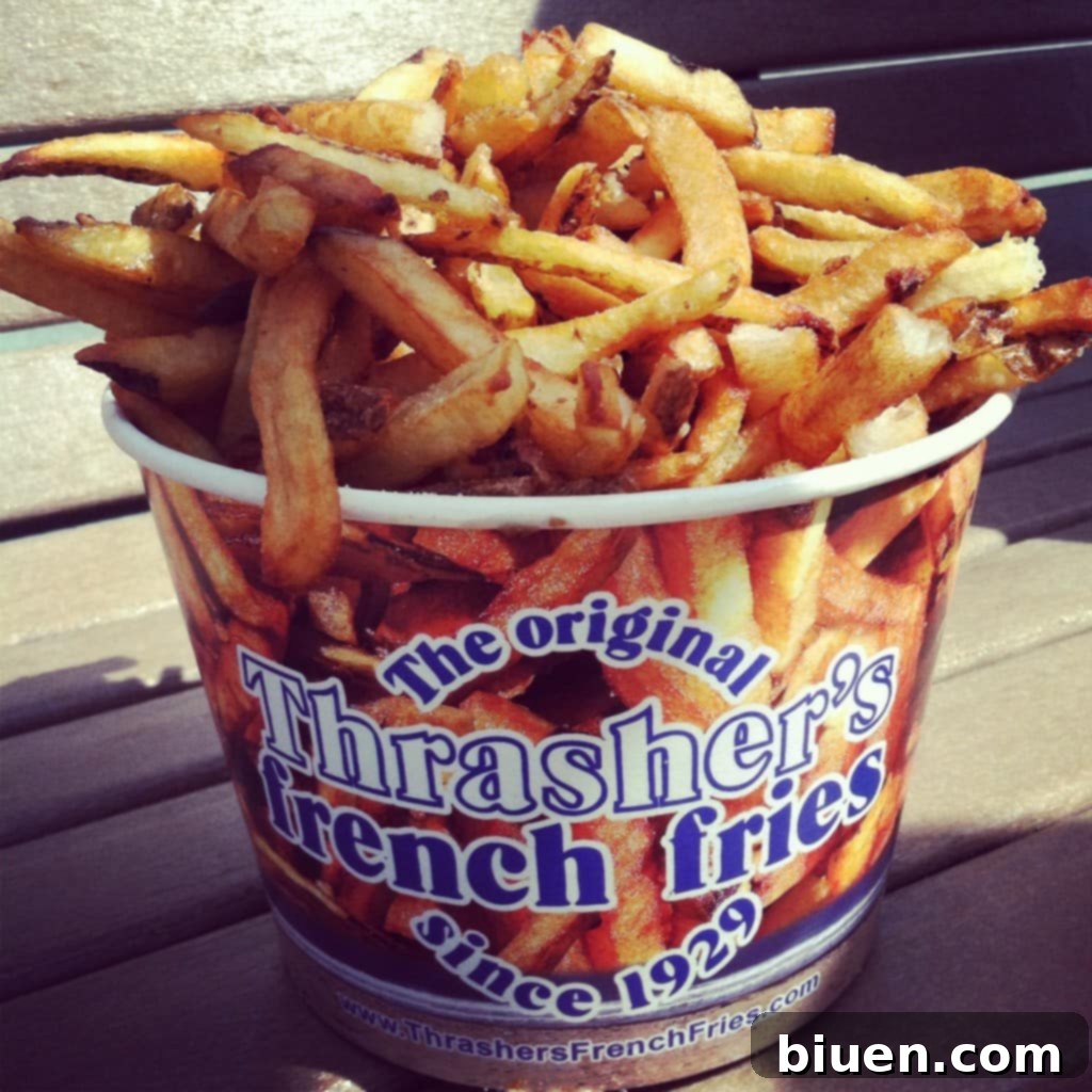 A close-up shot of a bucket of golden, crispy french fries, perfectly seasoned, ideal for a beach snack and seaside enjoyment.