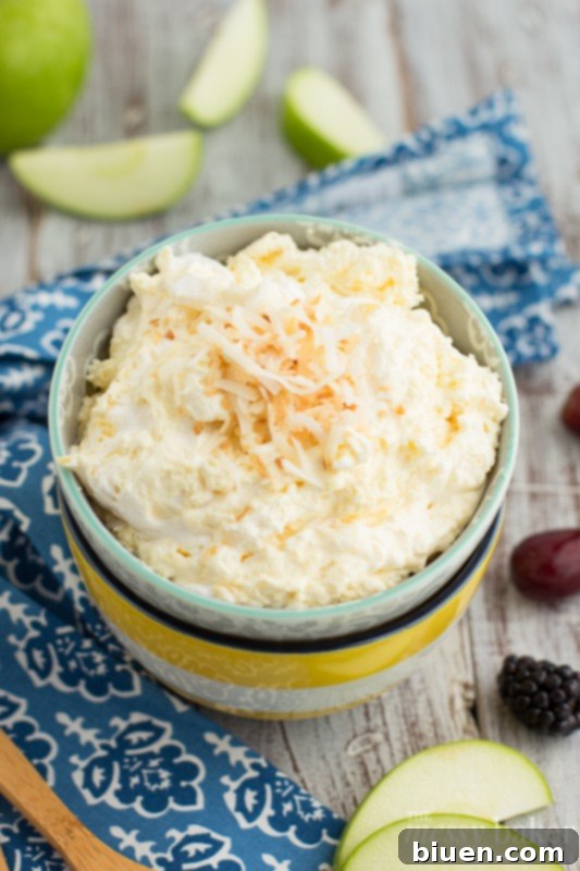 Close-up of fluffy Pina Colada Fruit Dip