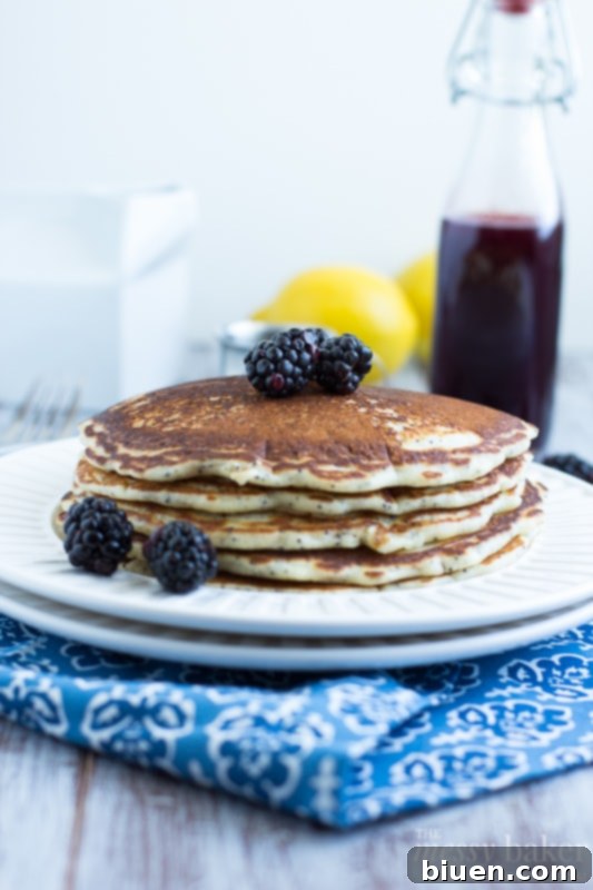 Lemon Poppy Seed Pancakes with Homemade Blackberry Maple Syrup - a delicious breakfast or brunch idea