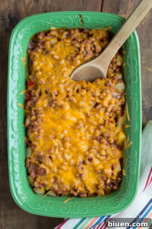 Close-up of Loaded Baked Potato & Baked Bean Casserole ready to be served